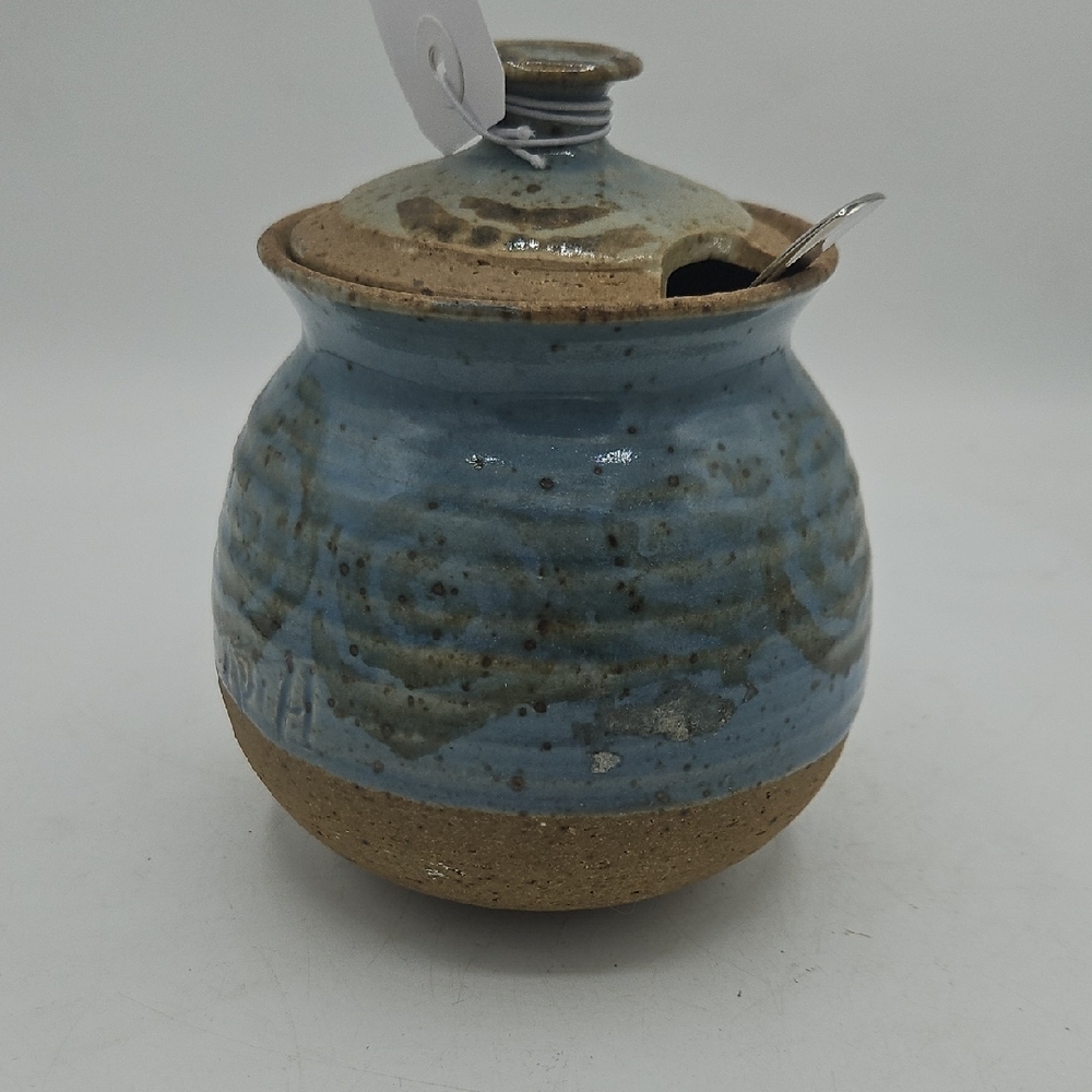 Artist Pottery Handmade Blue Glazed Honey Jar with Lid and Spoon